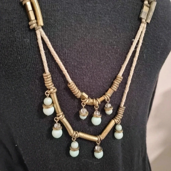 Vintage Hand Crafted Blue Beads and Braided Cord Antique Brass Necklace 30" - Picture 1 of 6